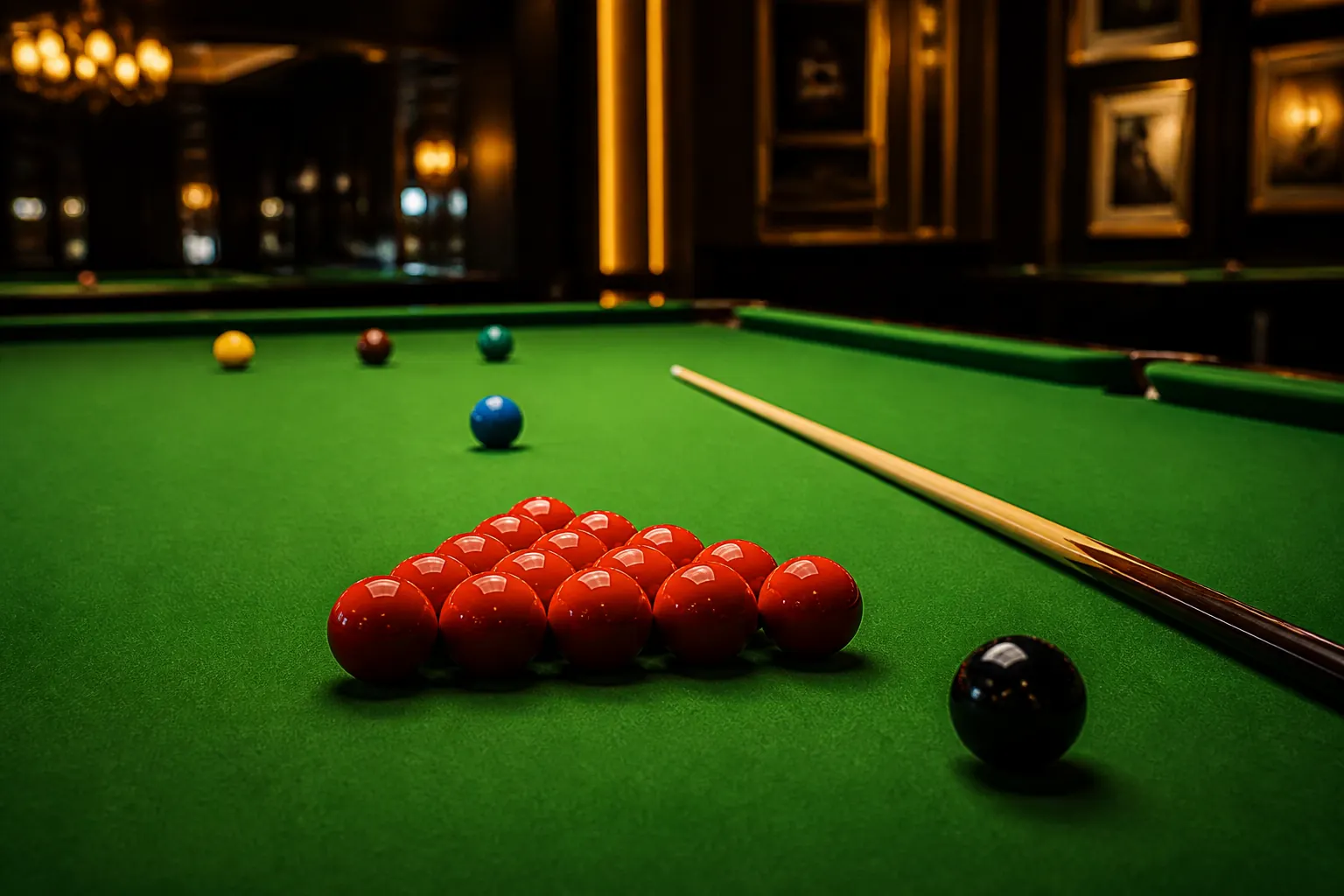 Snooker stol sa crvenim kuglama u lounge svjetlu
